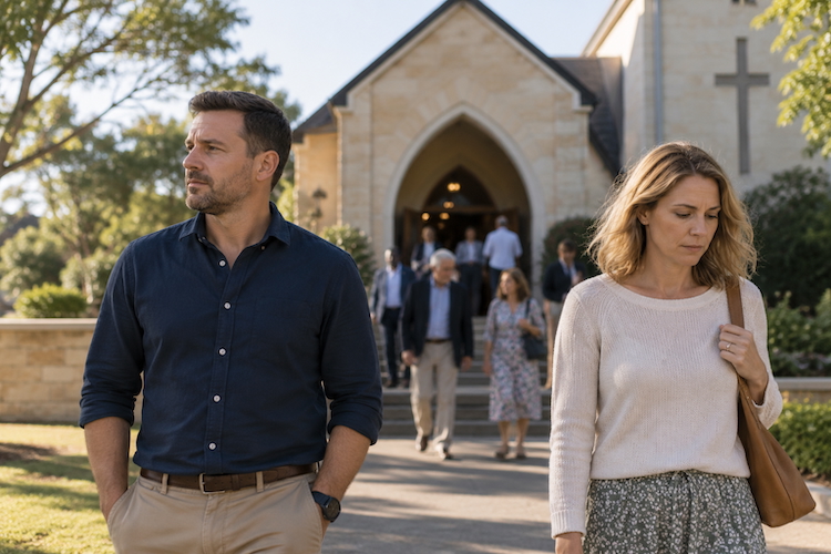 Couple walking apart after leaving a church, reflecting tension between moral values and behaviour.