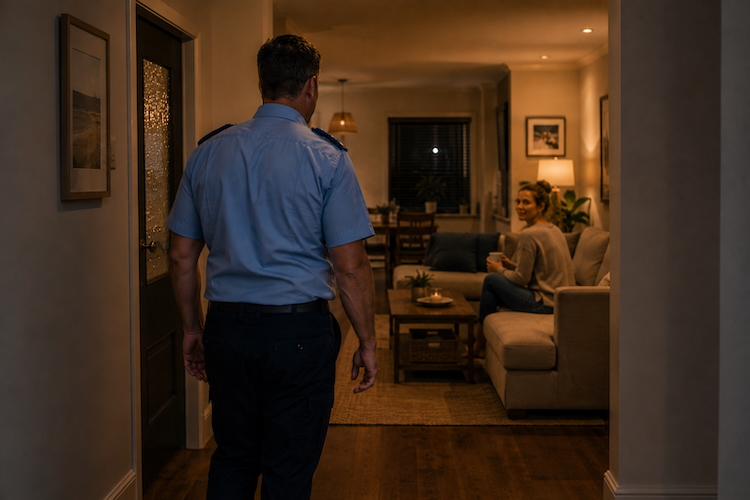 Police officer arriving home after a shift, illustrating the role of connection and support in police wellbeing.