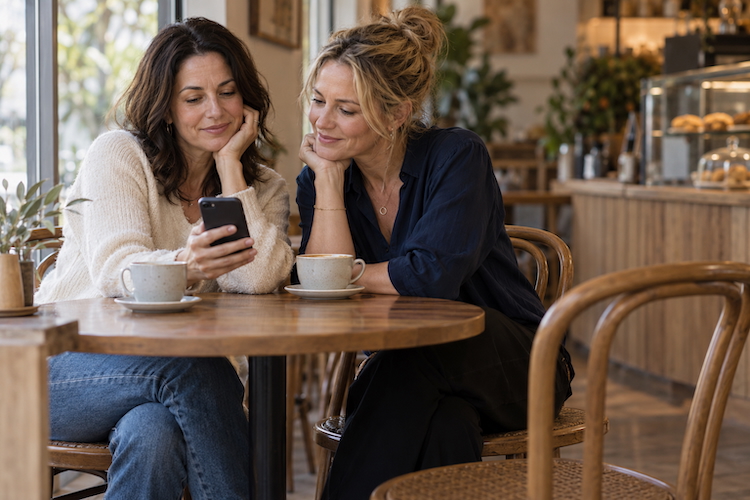Two women looking at a smartphone together at a café table, with coffee cups and an empty chair nearby.