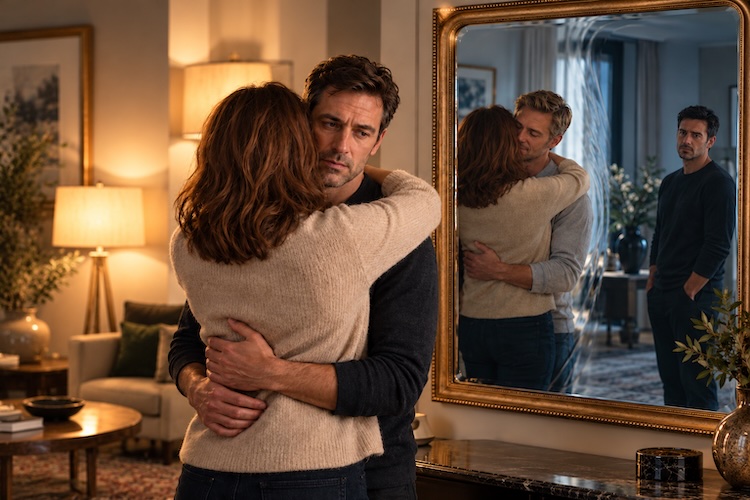 A man embraces a woman while a mirror shows her embracing another man, with him standing alone.