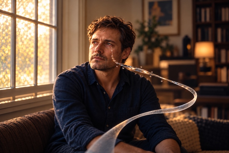 A reflective man beside a sunlit window, with a tear transforming into a ribbon of clear and frosted glass.