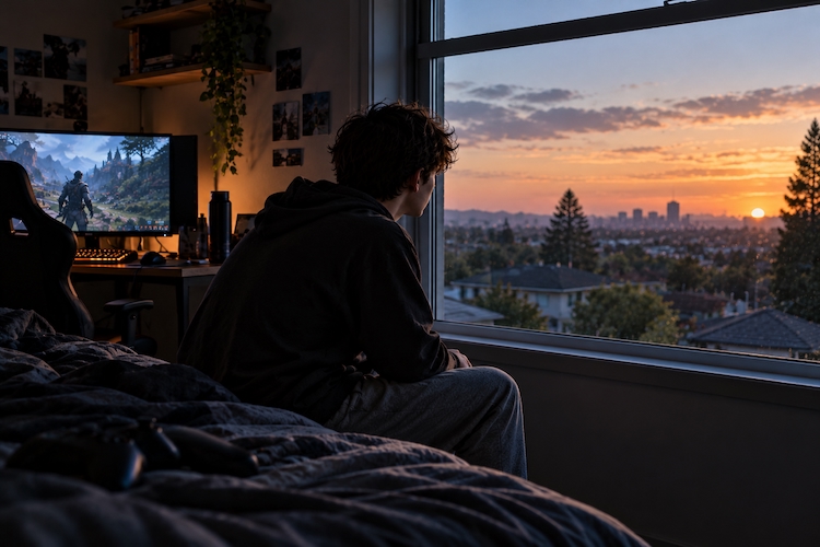 Young man sitting in a gaming room, looking through a window, reflecting the isolation and missed opportunities associated with avoidance.