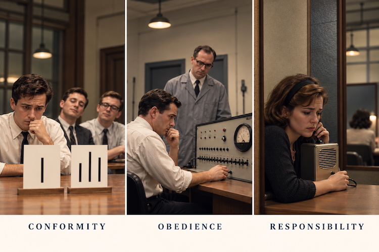 Three illustrated psychology experiment scenes showing Asch’s line judgments, Milgram’s shock apparatus and a participant listening through an intercom.