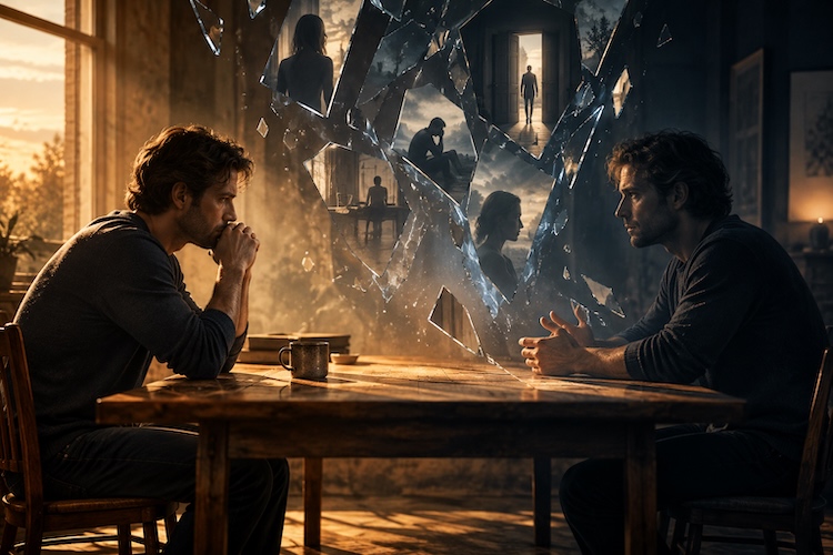 Two versions of a man sit opposite each other across a table, separated by shattered glass reflecting imagined conversations and possible outcomes.