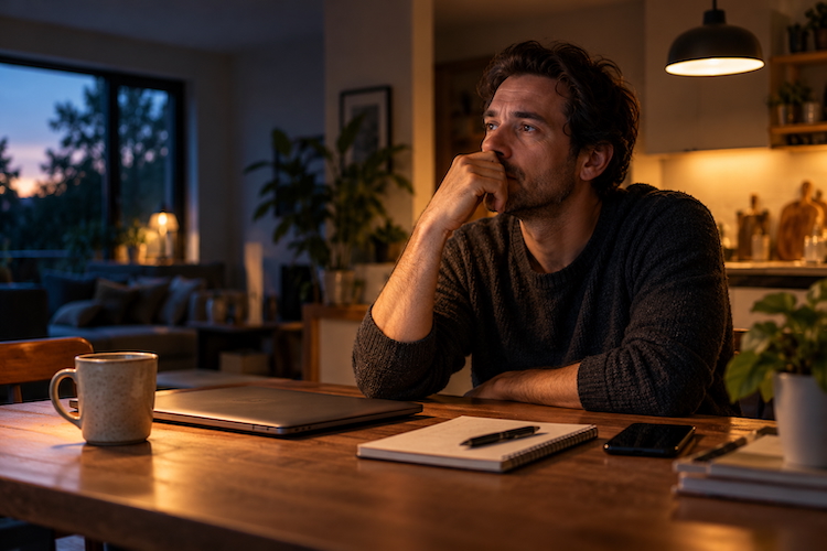 A thoughtful man sitting alone at his kitchen table in the evening, reflecting after a day of activity.