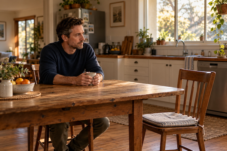 A thoughtful man holding a mug at a wooden kitchen table, with an empty chair opposite him.